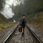 Boy in the film Blitz walks along train tracks, holding a suitcase.