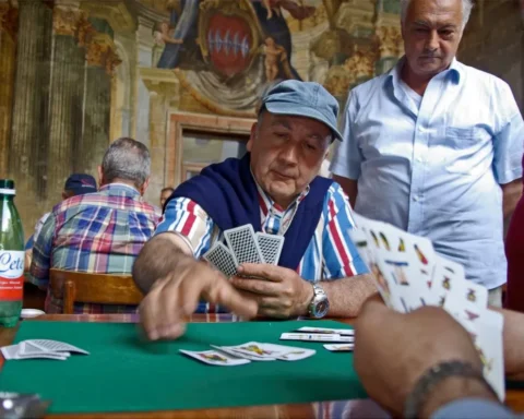 Italian men playing card game.