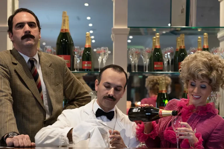 A man and woman stand behind a bar, smiling and engaging with customers in a lively atmosphere.