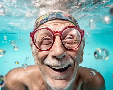 An elderly man wearing glasses and a bandana submerged underwater, surrounded by bubbles and aquatic life.