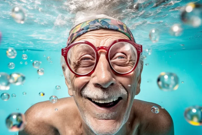 An elderly man wearing glasses and a bandana submerged underwater, surrounded by bubbles and aquatic life.