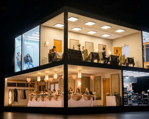 A model house with people gathered around tables, enjoying a social gathering in a cozy setting.