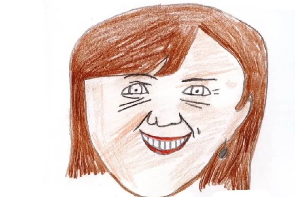 Drawing of a smiling woman with vibrant red hair, showcasing her cheerful expression and lively personality.